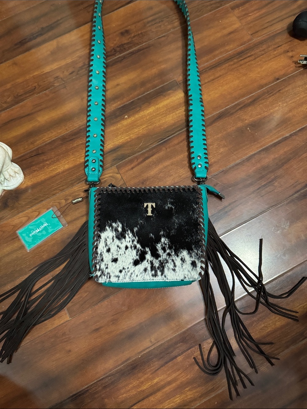 Trinity Ranch brown Fringe Crossbody Bag - Black & White Cowhide